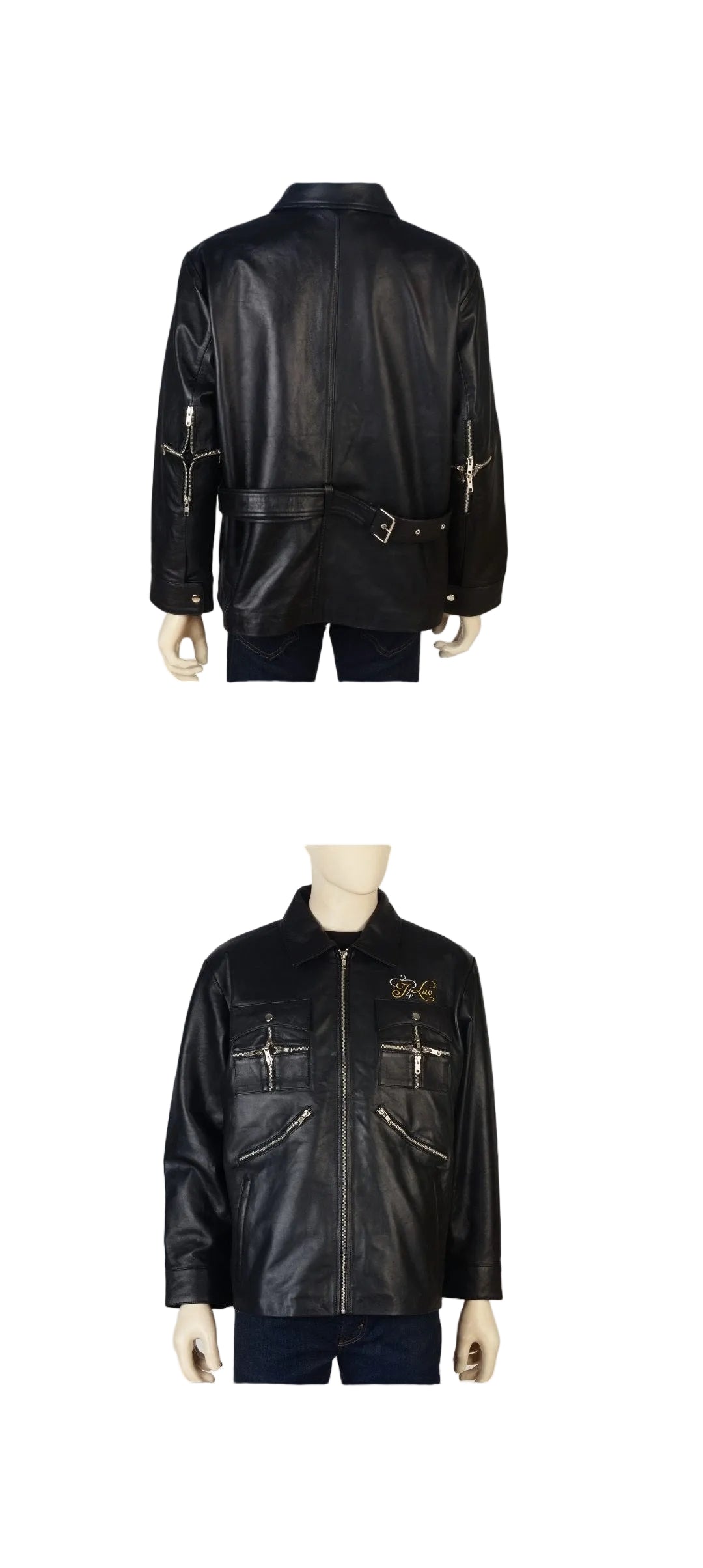 A black leather jacket displayed on a mannequin from both front and back views against a plain white background.