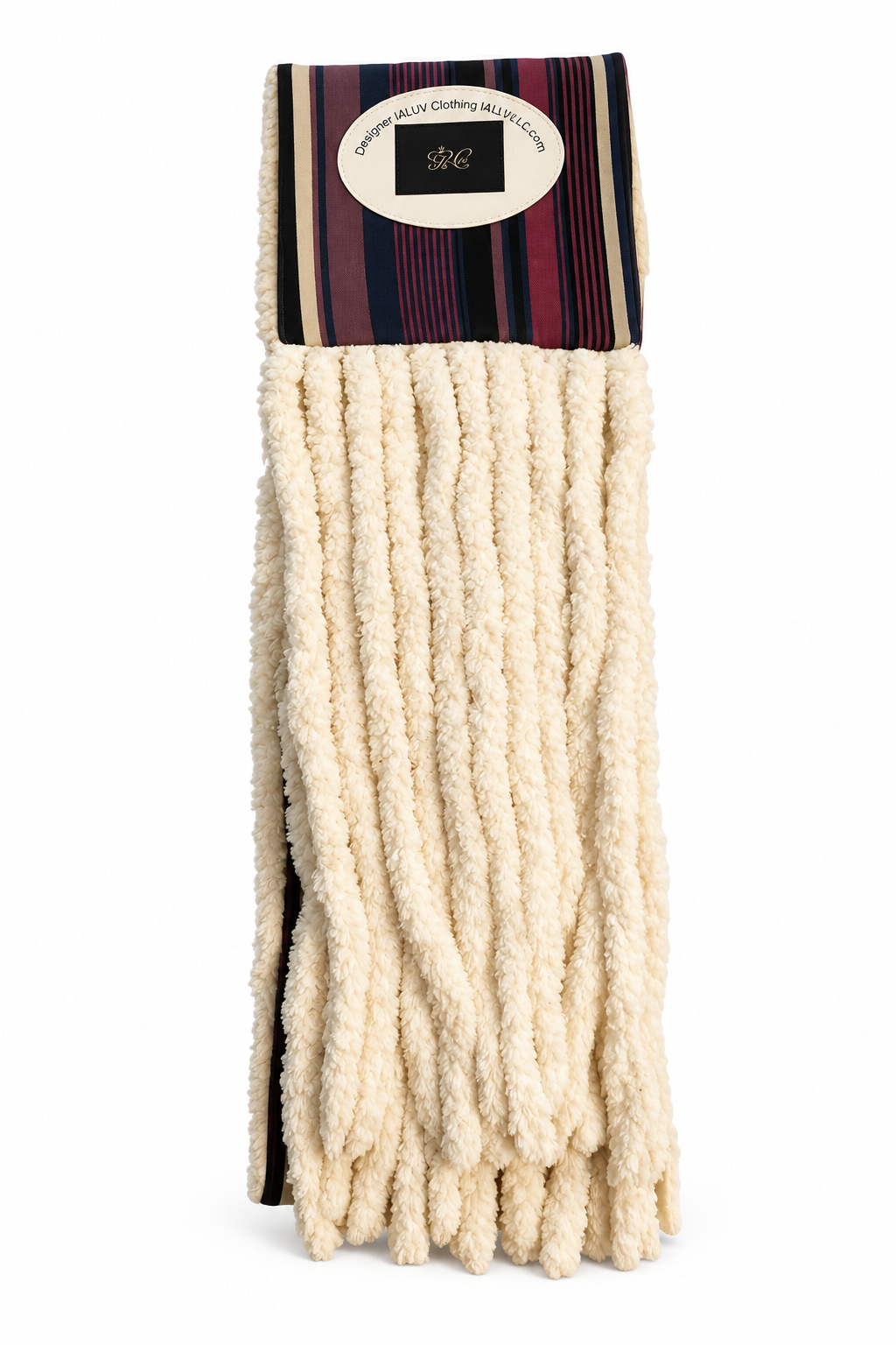 A cream-colored plush faux fur scarf with a striped woven header band, shown against a solid blue background.